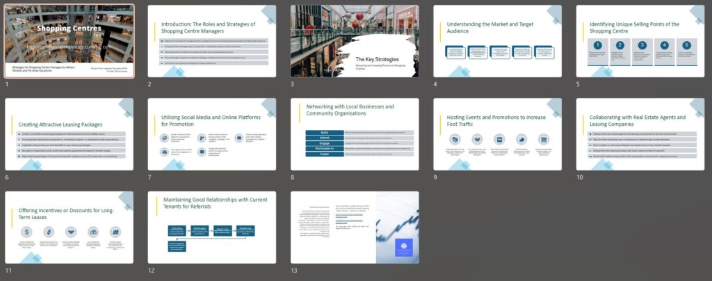 slide deck strategies for tenant and vacancy leasing in shopping centres.